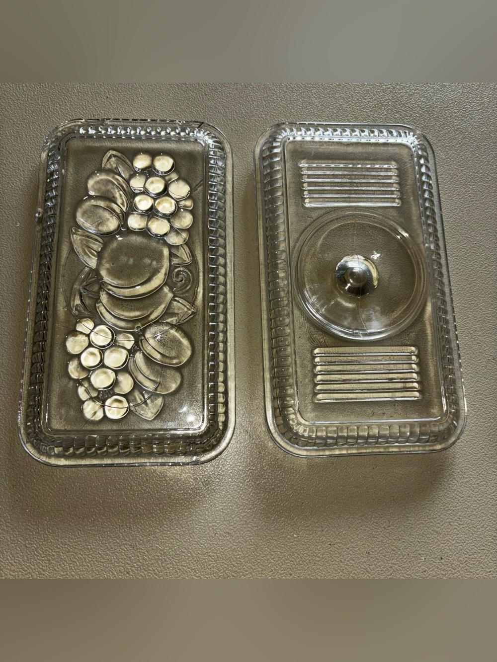 Two Vintage Federal Glass Clear Refrigerator Dish Lids no base 1 Ribbed 1 Fruit